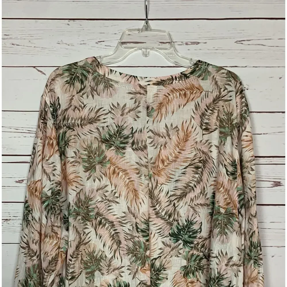 J.Jill Women's Plus Size 3X Pink Print 100% Linen Long Sleeve Summer Top Blouse